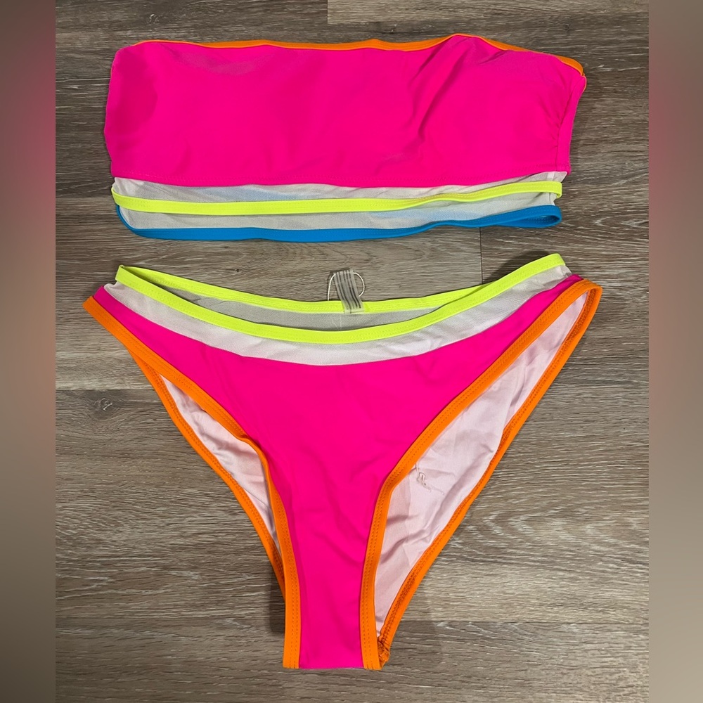 Popvil Bandeau Mesh Patchwork Hot Pink Bikini Set